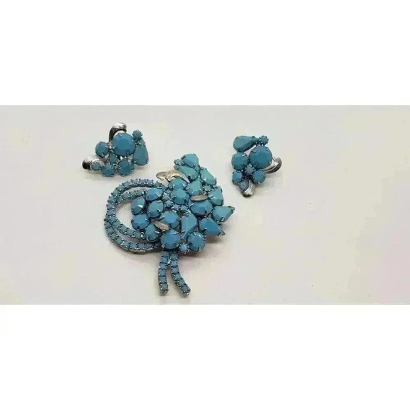 Alice Caviness Rare Set Brooch & Earrings Faux Turquoise Vintage Signed - Picture 5 of 16